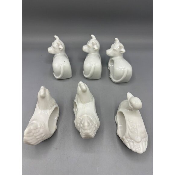 Vtg Japan Set Of 6 White Porcelain Animal Napkin Rings Duck Chicken Cow Farmhous - Picture 4 of 7